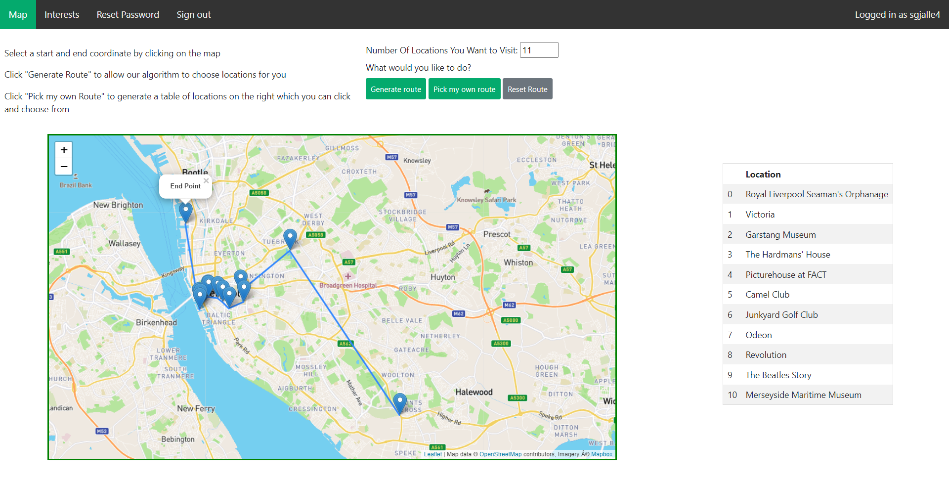 Map Page with a Generated Route